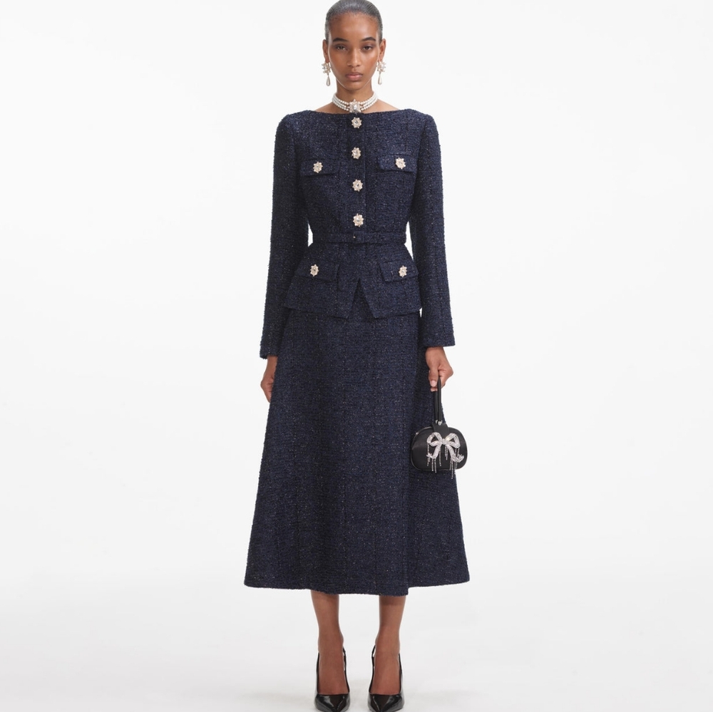 Self-Portrait Navy Midi Dress with Floral Accents